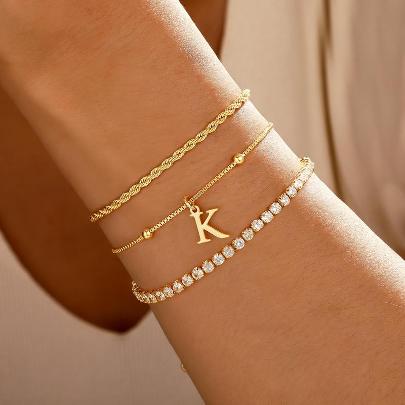 JIAOGE Valentines Day Gifts for Her Kids - Dainty Gold Bracelets for Women Personalized Gold/Silver Initial Bracelet Stack Stackable Rope Box Chain Tennis Bracelets for Girls Jewelry Set - Image 2
